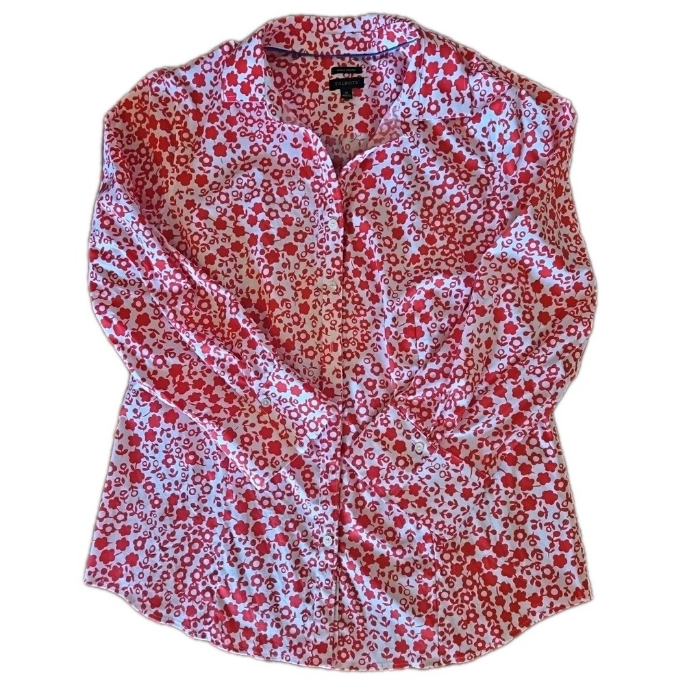 TALBOTS Red White Floral  Cotton Blend Long Sleeve Womens 10 Wrinkle Resistant